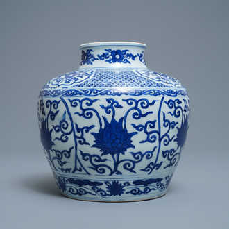 A Chinese blue and white 'lotus scroll' jar, dated 1587, Wanli mark and of the period