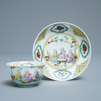 A Chinese famille rose cup and saucer after Cornelis Pronk: 'Doctor's visit', Qianlong
