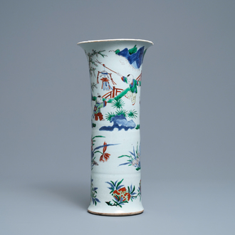 A Chinese wucai gu vase with figures in a garden, Shunzhi