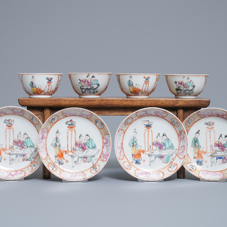 Four Chinese famille rose 'mandarin' cups and saucers, Qianlong