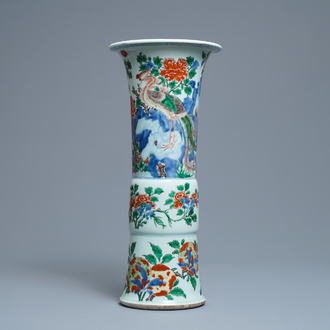 A Chinese wucai gu vase with a phoenix, Shunzhi