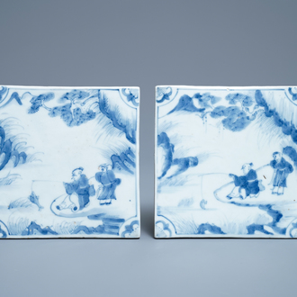A pair of Chinese blue and white 'fishermen' tiles, Kangxi