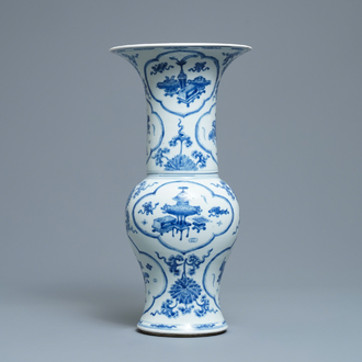 A Chinese blue and white yenyen vase with antiquities and flowers, Kangxi