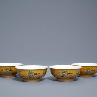 Four Chinese famille rose café-au-lait-ground bowls, Daoguang mark and of the period