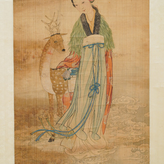 Chinese school, ink and colour on silk, Qing: 'Magu with deer'