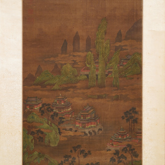 Chinese school, signed Yuanbian Xiang (1525-1590), ink and colour on silk: 'Landscape after Zhao Boju'