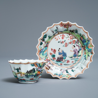 A Chinese famille rose cup and saucer with fishermen, Yongzheng