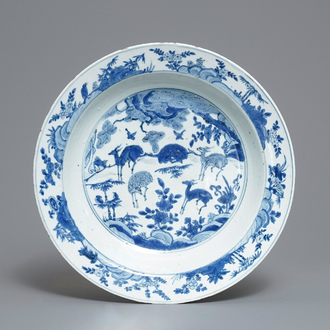 A Chinese blue and white charger with deer, birds and a toad, Jiajing