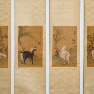 Chinese school, after Zhao Mengfu (1254-1322), ink and colour on silk, 19/20th C.: 'Four horses'