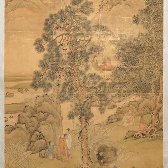 Chinese school, gesign. Hua Yan (1682-1756), inkt en kleur op papier: 'Wijzen in een bergwoud'