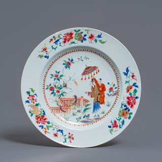 A Chinese famille rose dish after Cornelis Pronk: 'Dames au Parasol', Qianlong