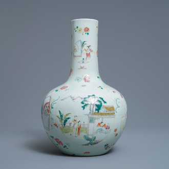 A Chinese famille rose vase with figurative medallions, Qianlong mark, 19th C.