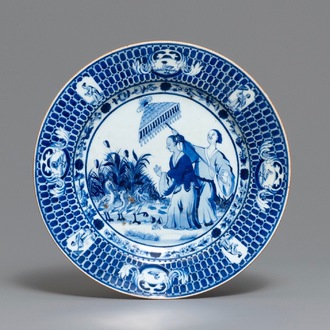 A Chinese blue and white dish after Cornelis Pronk: 'Dames au Parasol', Qianlong