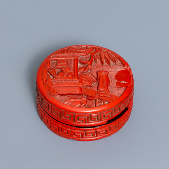 A Chinese carved cinnabar lacquer box and cover, 18/19th C.