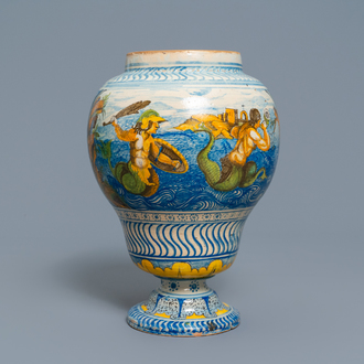 Un vase en faïence polychrome à décor de monstres marins, Nevers, 18ème