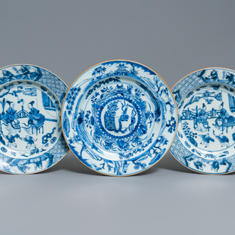 A pair of Chinese blue and white 'Cao sister' plates and one with antiquities, Kangxi