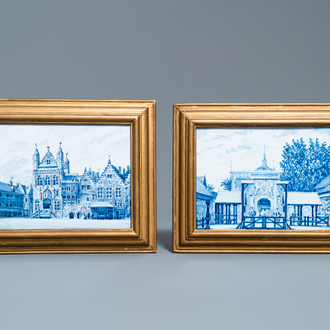 Two blue and white plaques with city views, Makkum, 19th C.