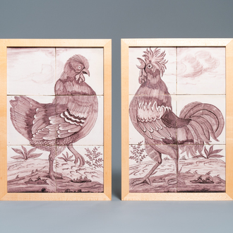 A pair of fine Dutch Delft manganese tile murals with a hen and a rooster, 18th C.