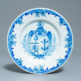 A Dutch Delft blue and white armorial alliance plate, ca. 1800
