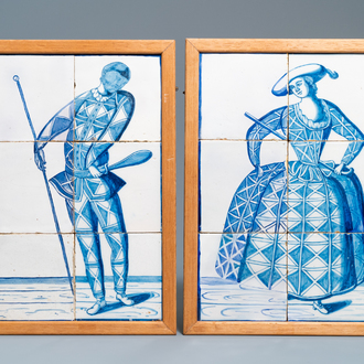 A pair of Dutch Delft blue and white tile murals with Harlequine and Colombine, 1st half 19th C.