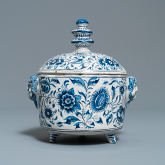 A blue and white covered bowl with applied mascaron handles, Harlingen, 18th C.