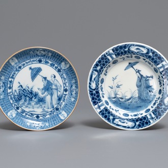 Two Chinese and Japanese plates after Cornelis Pronk: 'Dames au Parasol', 18th C.