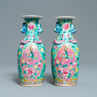 A pair of Chinese turquoise-ground famille rose vases for the Straits or Peranakan market, 19th C.