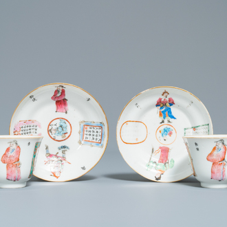 A pair of Chinese famille rose 'Wu Shuang Pu' cups and saucers, 19th C.