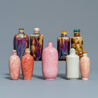 Nine Chinese monochrome and flambé-glazed snuff bottles, 19/20th C.