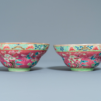 A pair of Chinese famille rose pink-ground bowls for the Straits or Peranakan market, 19th C.