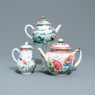 Two Chinese famille rose teapots and a jug and cover, Yongzheng/Qianlong
