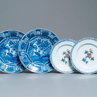 A pair of Dutch Delft blue and white chinoiserie dishes and a pair of polychrome plates with a rose, 18th C.