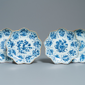 Four Chinese blue and white lotus-shaped plates with floral design, Kangxi