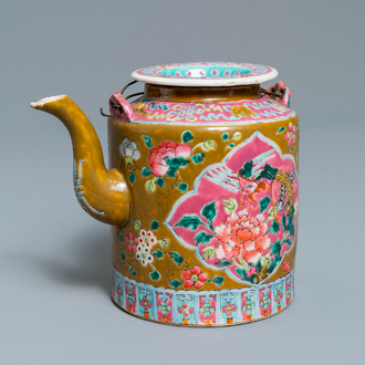 A large Chinese brown-ground famille rose teapot for the Straits or Peranakan market, 19th C.