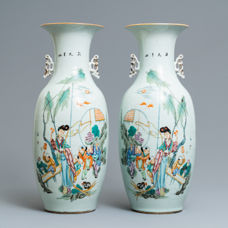 A pair of Chinese famille rose vases with ladies and boys in a garden, 19/20th C.