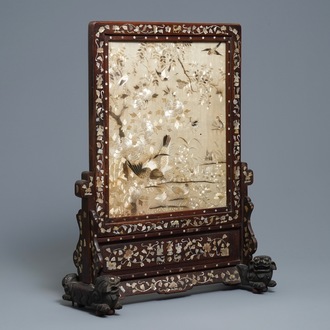 A Chinese mother-of-pearl-inlaid wooden screen with silk embroidery, 19th C.
