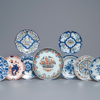 A collection of nine polychrome and blue and white Dutch Delft dishes, 18th C.