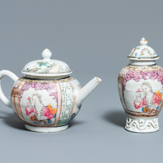 Une théière et une boîte à thé en porcelaine de Chine famille rose à décor d'une dame et son petit chien, Yongzheng/Qianlong