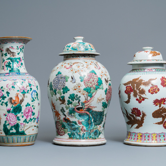 Three Chinese famille rose vases, 19th C.