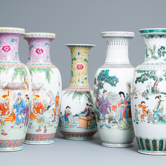 Five Chinese famille rose and verte vases, Republic