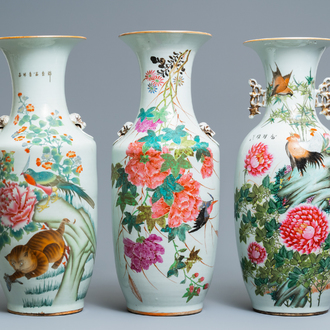 Three Chinese famille rose vases with animals and flowers, 19/20th C.