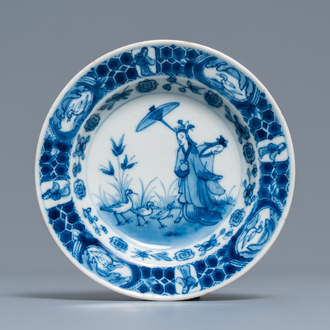 A Japanese blue and white Arita dish after Cornelis Pronk: 'Dames au Parasol', Edo, 18th C.