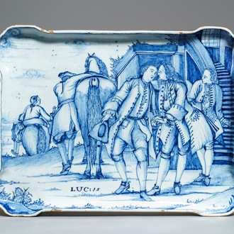 A Dutch Delft blue and white 'Return of the prodigal son' tray, 18th C.
