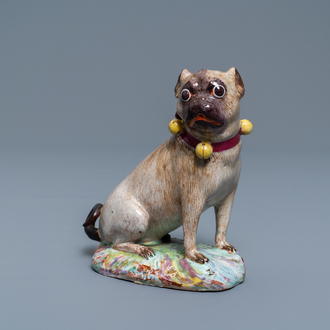 A polychrome Tournai faience model of a pug, 18th C.