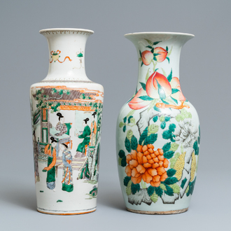 A Chinese famille verte rouleau vase and a famille rose vase, 19th C.