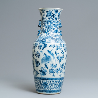 A Chinese blue and white vase with birds among flowers, 19th C.