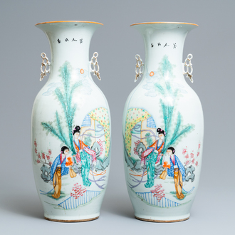 A pair of Chinese famille rose vases with ladies in a garden, 19/20th C.