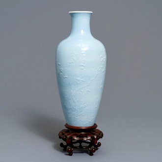 A Chinese monochrome lavender-blue vase with underglaze design, Yongzheng mark, 19/20th C.