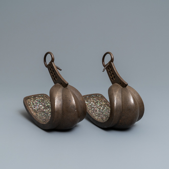 A pair of Japanese 'abumi' stirrups with 'raden' inlay of mother-of-pearl, Edo, 18th C.