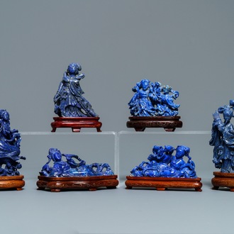 Six Chinese carved lapis lazuli groups, 19/20thC.